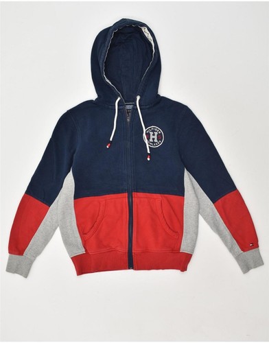 TOMMY HILFIGER Mens Zip Hoodie Sweater XS Navy Blue Colourblock Cotton AO95