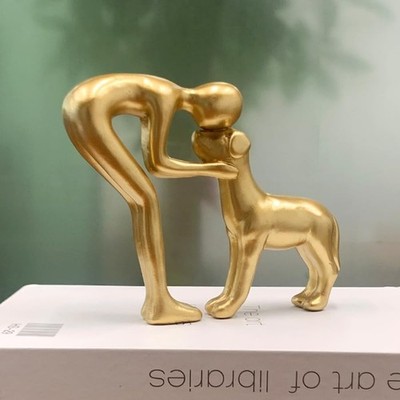 Gold Human and Dog Statue Decoration, Cute Pet Sculpture Home Decor Tabletop ...