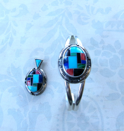 Vintage CAROLYN POLLACK Sterling Inlaid Multi Stone Pendant & Bracelet Set