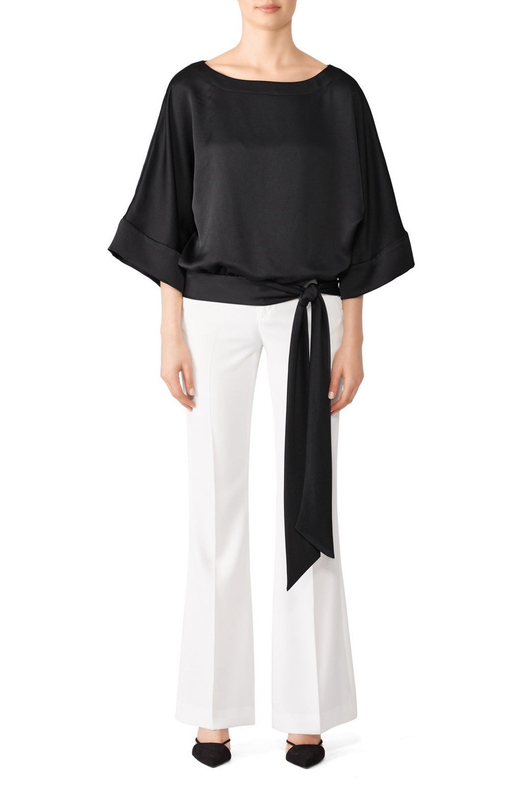 Trina Turk On The Rocks Black Boat Neck Tie Waist 3/4 Sleeve Top Blouse Size XS