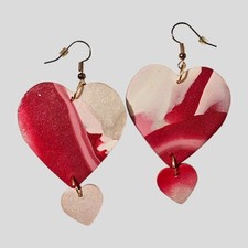 Handmade Fimo Clay Heart Dangle Earrings Red Pink White Marbled Valentine's Day
