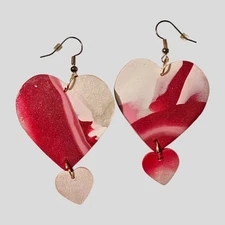 Handmade Fimo Clay Heart Dangle Earrings Red Pink White Marbled Valentine's Day