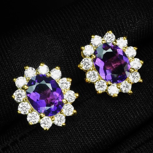 Shiny Indigo Violet Amethyst 3.35Ct 925 Sterling Silver 24K Gold Plated Earrings - Picture 2 of 6