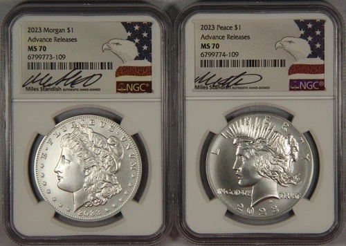 (2) Coins 2023 Morgan & Peace Silver Dollar NGC MS70 Advance Releases Standish