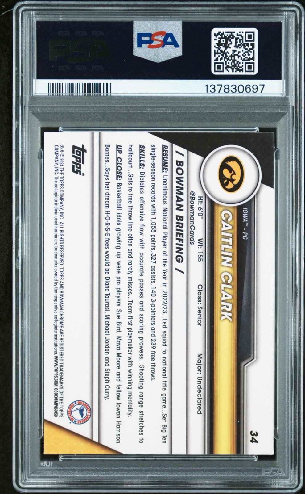 2023 BOWMAN U CHROME CAITLIN CLARK PINK PSA 10 view 2