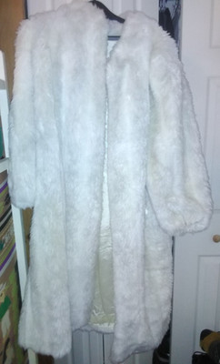 Faux White Fur Full Length Coat Satin-Lined + Pockets 48'' Fox Polar Bear Wolf