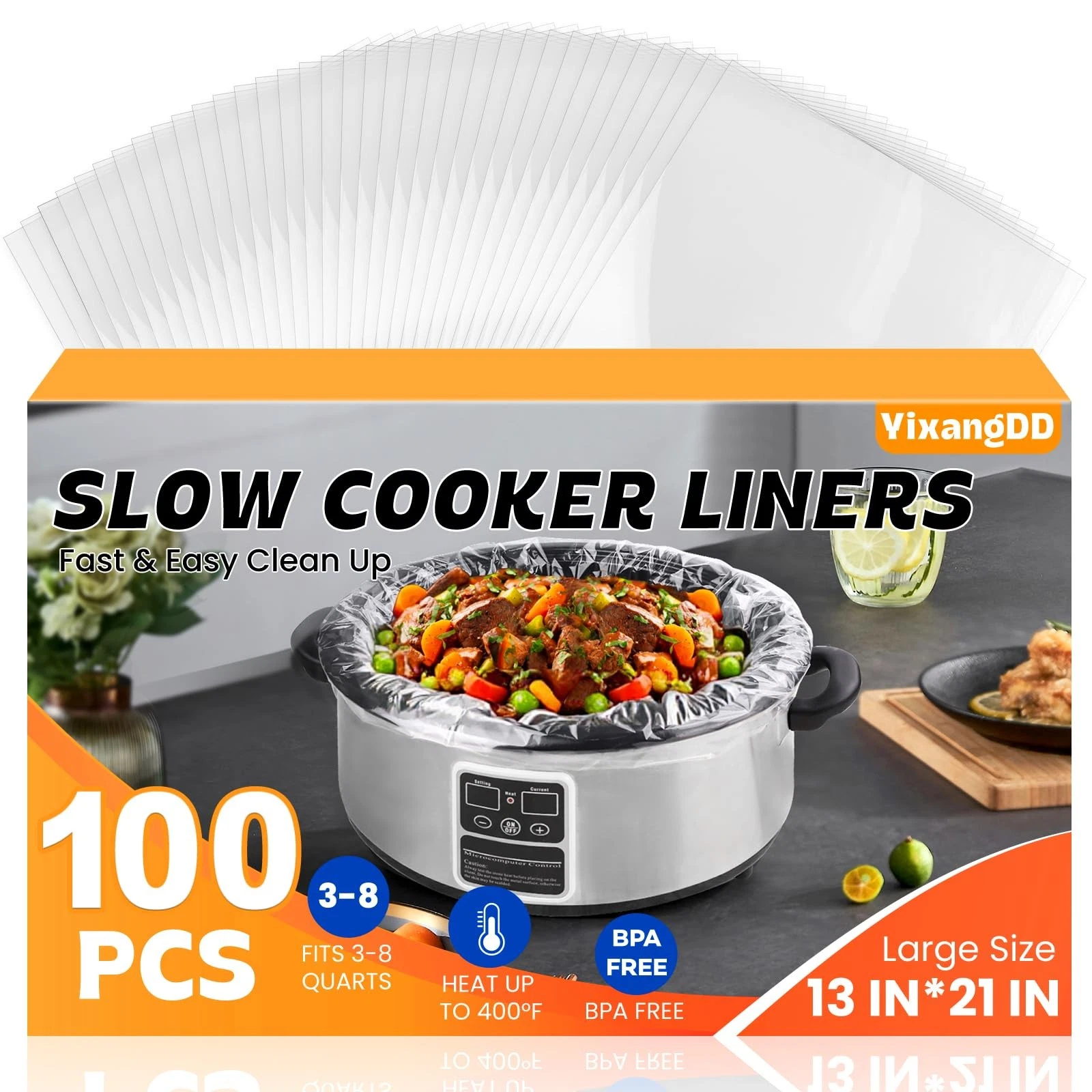 100 Pack Slow Cooker Liners, Large Size 13"x 21" 100 count, Transparent