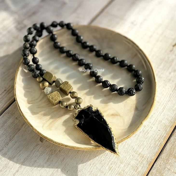 Collar Curativo Lava Obsidiana Mala Hombres Cuentas Anudadas Colgante Meditación Joyería Foto 3 de 4