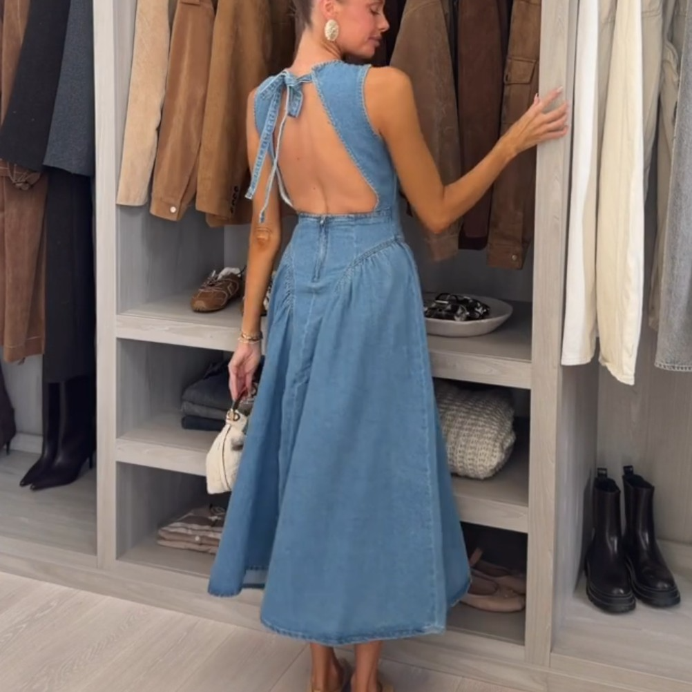 NWT H&M Open-back 100% Cotton Denim Dress Denim Blue 1310170003 Sizes M, L, XL