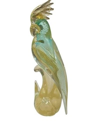 Vintage Murano Gold Fleck/Blue Art Glass Parrot Cockatoo 11.25 inch Figurine EUC