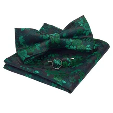 Men's Plaid Floral Jacquard Adjustable Pre-tied Bow Tie Pocket Square Set