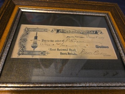 RENO ELECTRIC LIGHT CO. Canceled 1889 Check First National Bank No. 263 