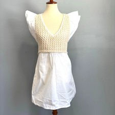 Zara Cottagecore Crochet Knit Mini Dress White Ruffle Sleeve Coastal Festival M