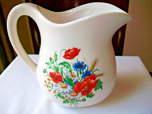 VINTAGE MCCOY MILK PITCHER 32 OZ. 1 QUART FLORAL DECALS WHITE MATTE GLAZE