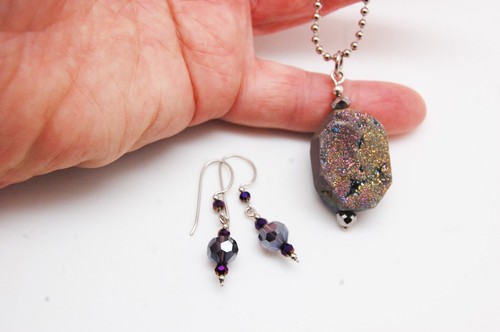 Iridescent Drusy Rock Pendant & Glass Earring Set Hand Made Sterling Silver - Picture 2 of 8