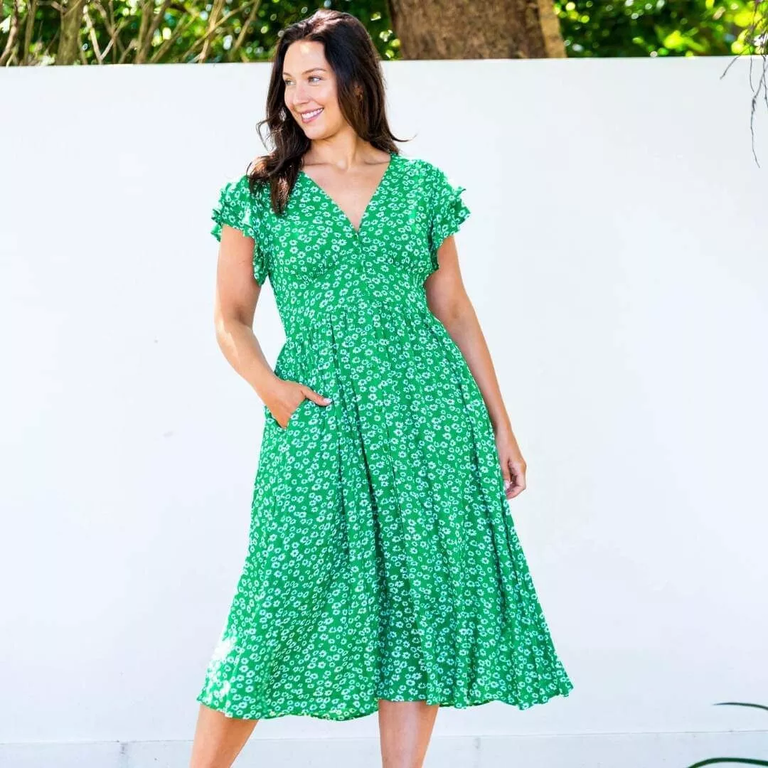 BOHO AUSTRALIA RAIDEY GREEN FLORAL MIDI DRESS V NECKLINE FRILL SLEEVES SIZE 8 20