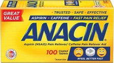 Anacin Fast Pain Relief, Aspirin + Caffeine Pain Reliever, 100 coated tablets