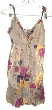 Tan Halter Dress Sz Small with Pink & Yellow Roses Floral Print Braided Straps 