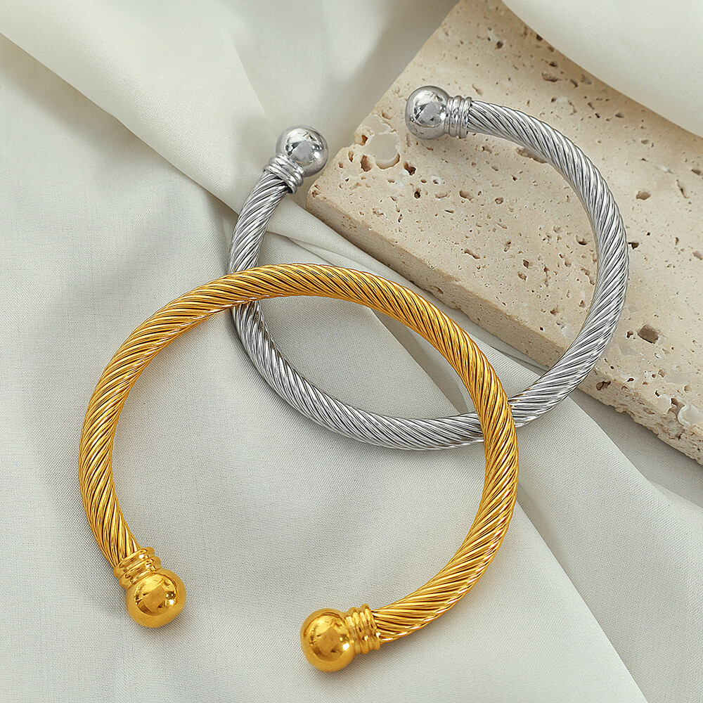 Mens Stainless Steel Chunky Twisted Rope Torque Ball Bangle 6MM