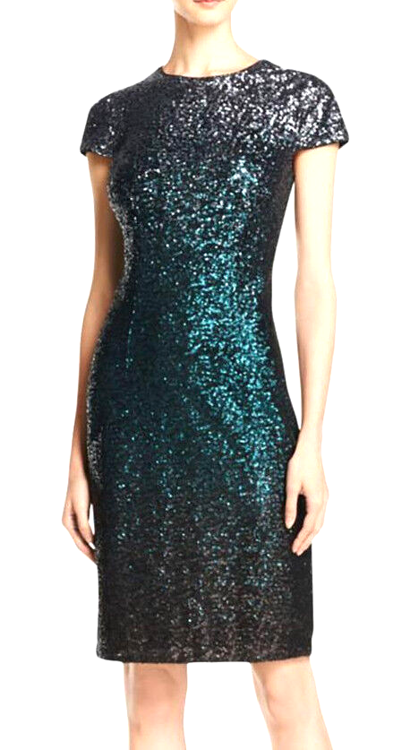 teal ombre sequin dress Blue Long Sleeve Sequin A Line Ombr Gown