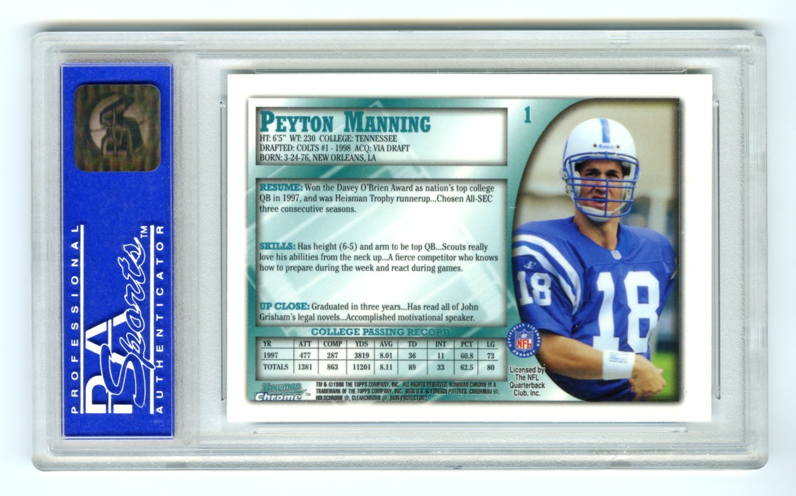 PEYTON MANNING~1998 BOWMAN CHROME PSA-9 MINT HOT GRADED NFL ROOKIE RC CARD  #1 view 2