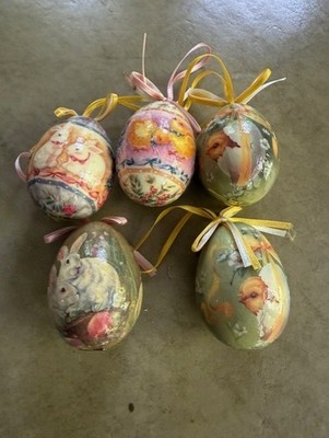 Vintage Decoupage Paper Mache Easter Bunny Rabbit Egg Ornaments Lot Of 5
