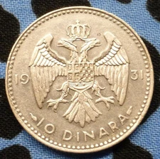 1931 Yugoslavia 50% Silver 10-Dinara, King Alexander, Double Headed Eagle, KM#10
