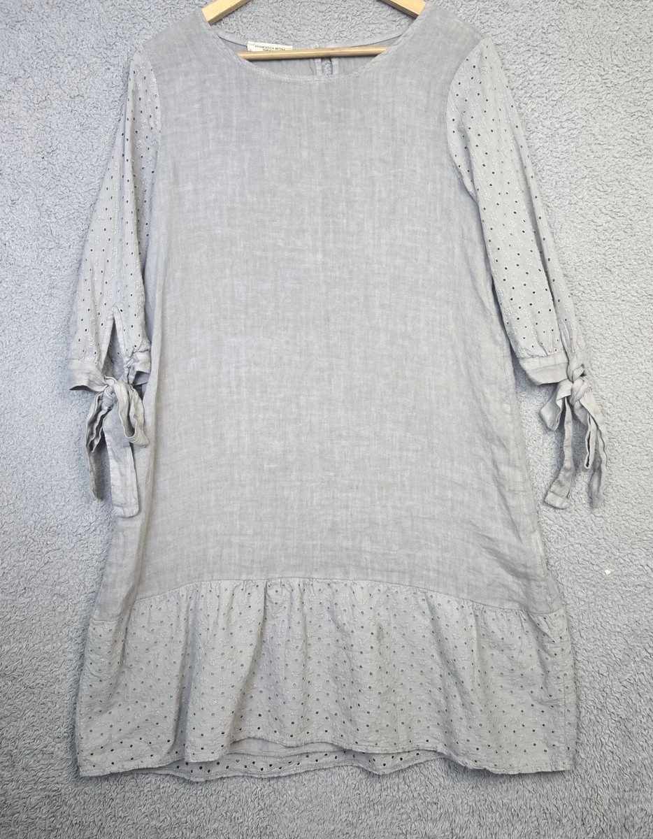 Francesca Bettini Linen Dress Med Gray Italy Romantic Cottagecore Eyelet  Beach