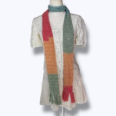 Crochet Colorblock Fringe Scarf Cozy Boho Cottagecore Soft Yarn Handmade 78in