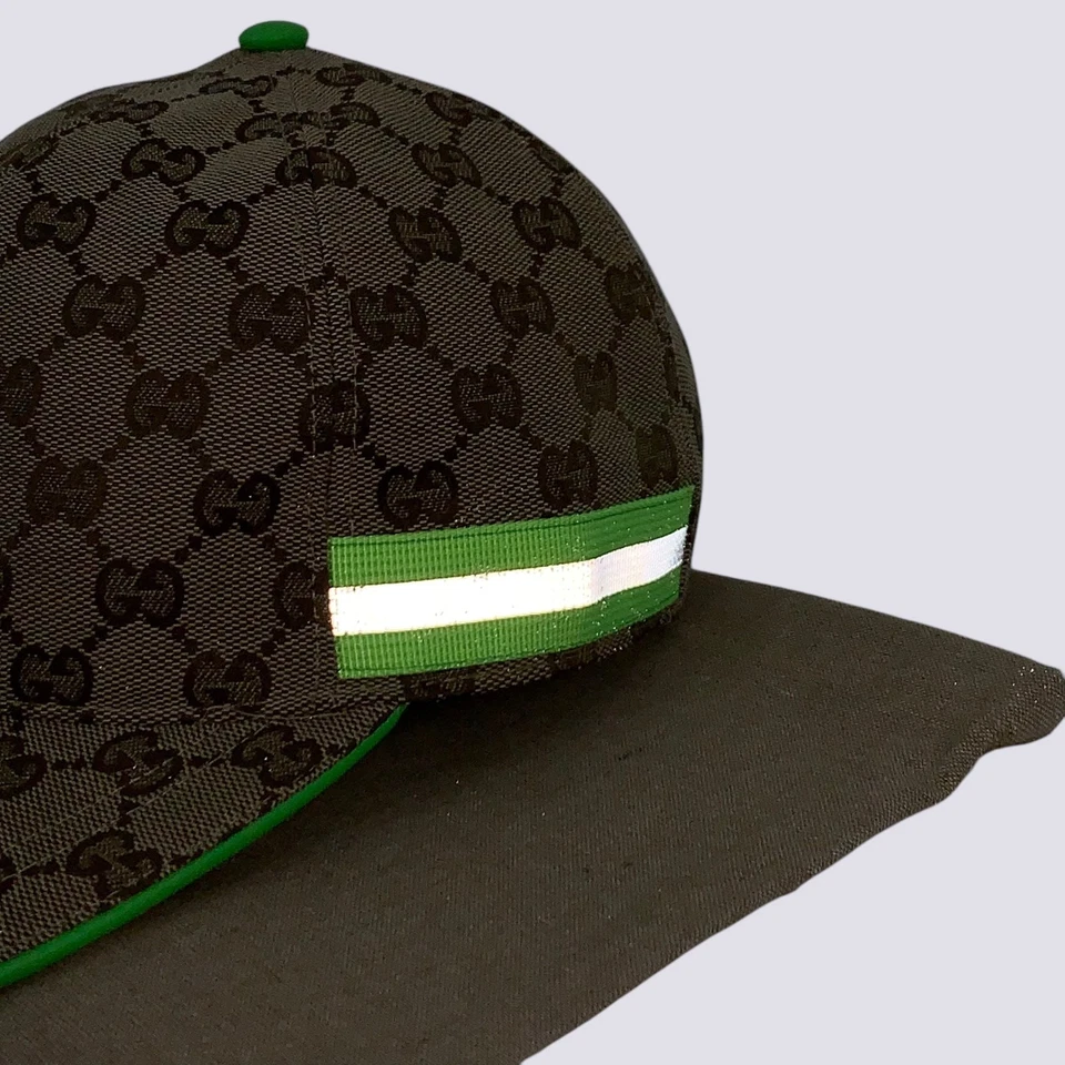 Gorra de béisbol Gucci GG monograma verde reflectante tela rayas beige talla M Foto 3 de 4