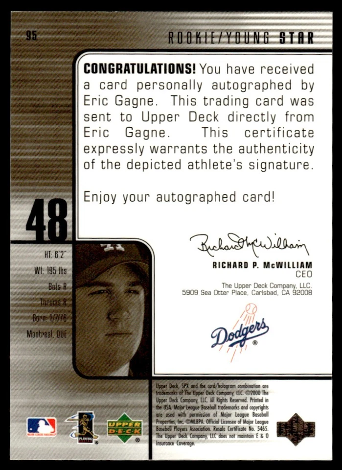 2000 SPx Eric Gagne Auto 0003/1500 Los Angeles Dodgers #95 - Image 2 of 2