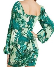 NEW GUESS Green White Tropical Floral Square Neck Balloon Sleeve Mini Dress M