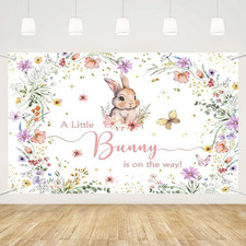 a Little Bunny Is on the Way Wildflower Baby Shower Backdrop for Party Supplies