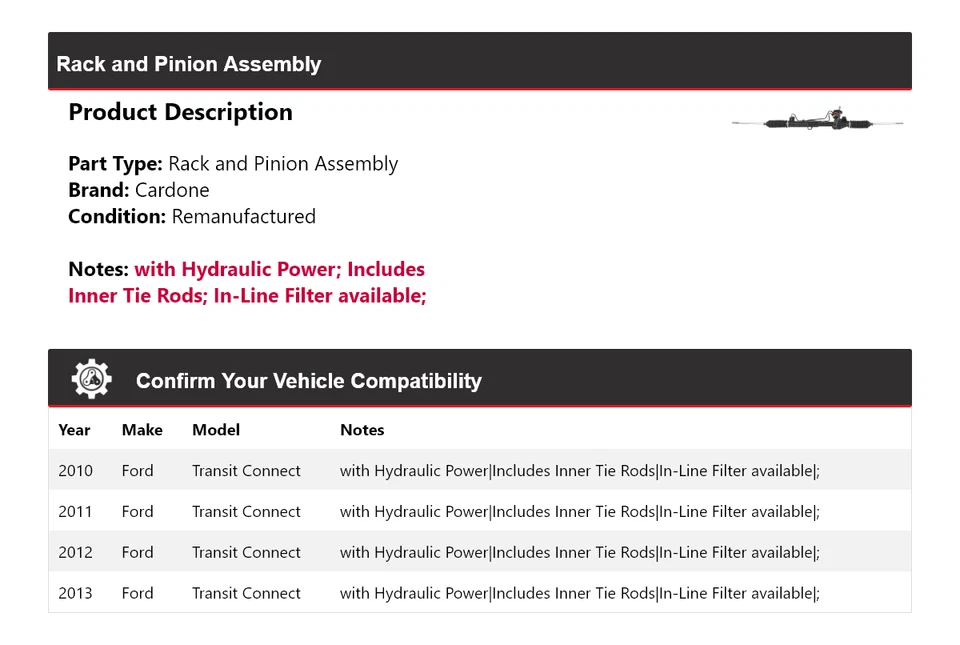 Conjunto de cremallera y piñón Cardone 2011 2012 para Ford Transit Connect 2010-2013 Foto 2 de 4