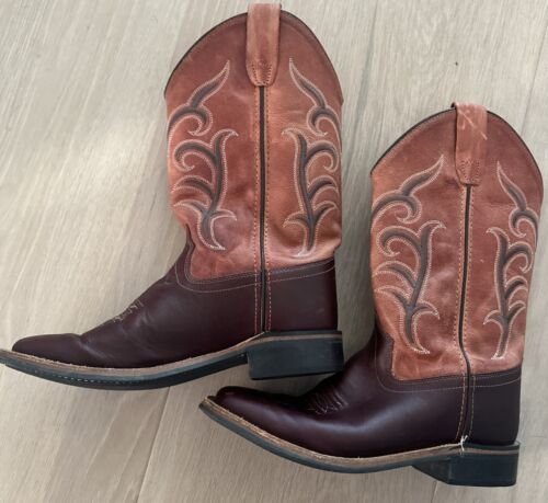 Old West Childs Square Toe Burnt Dark Brown Rust orange Leather Boots