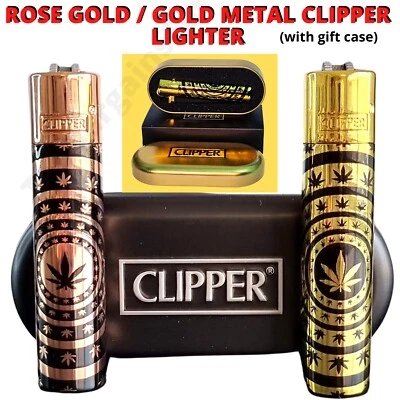 Metal Clipper Lighter Rose Gold Top Weed Leaves Pattern with Case Gas Refillable
