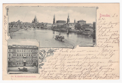 Postcard Dresden -- old town and Dr. E. Zeidler's secondary school -- around 1902