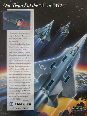 1991-1992 PUB HARRIS AEROSPACE FIBER OPTICS SYSTEM LOCKHEED F-22 ATF FIGHTER AD