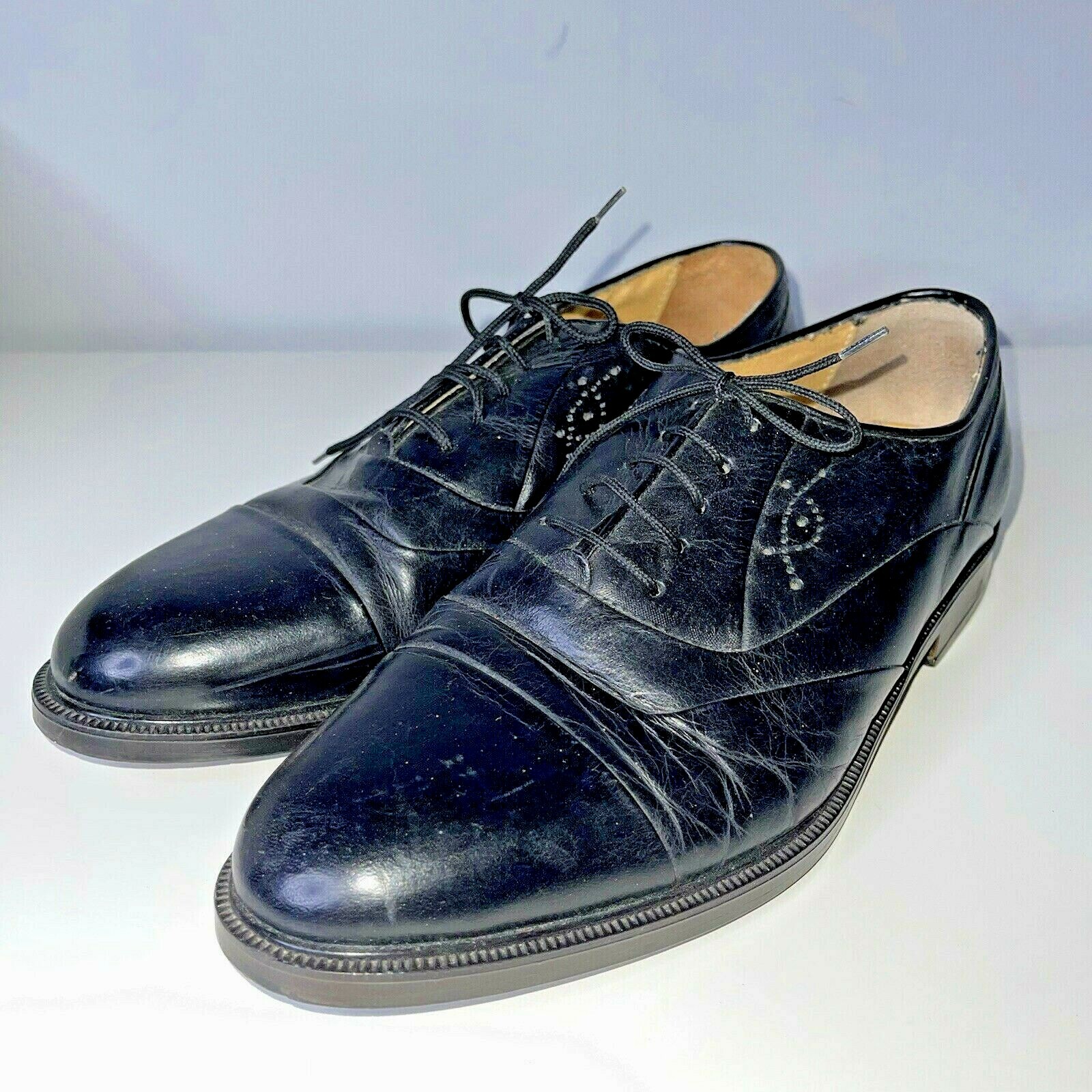 SAOLA Calzino cuscino sassone suola legno scarpe italiane brogues stringate pelle nera UK 9