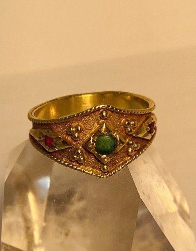 Antiker Massiv Ring 750 Gold mit 1 Smaragd und 2 Rubine - Picture 9 of 9