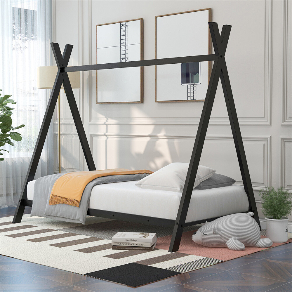Twin Size Metal Floor Play House Bed With Slat For Kids