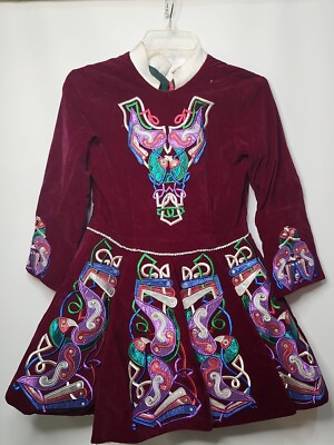 Irish Dance Dress Traditional Folk Step Girls Velvet Maroon  Dress (U25)