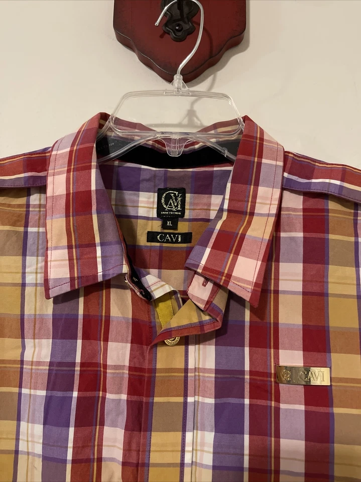 Cavi Mens XL Red Plaid Striped Long-Sleeved Full-Button Cotton Shirt! M1174 - Image 3 of 4