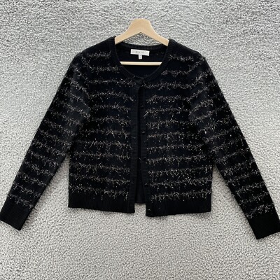 Milly Sweater Women Medium Black Merino Wool Sparkly Stripe Button Cardigan