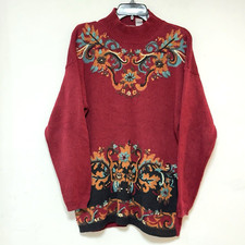 Vintage 90s LUCIA Burgundy Autumn Leaves Floral Oversized Sweater L Grannycore