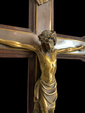 Antique French Religious Large Wood Crucifix Cross Jesus Christ Bronze 19th C