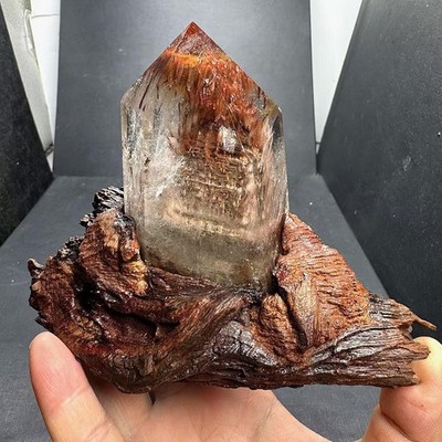 355g Natural Rabbit hair Quartz Obelisk Crystal Tower Point Reiki Decor+Stand
