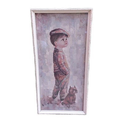 ''Jacky Boy'' 1960er MCM gerahmte Kunst von M Medeiros 8 ''x 16'' Kunstwerk Kunst Vintage Hund