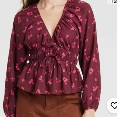 Universal Thread Target Burgundy & Pink Floral Print Boho Blouse Size Medium 