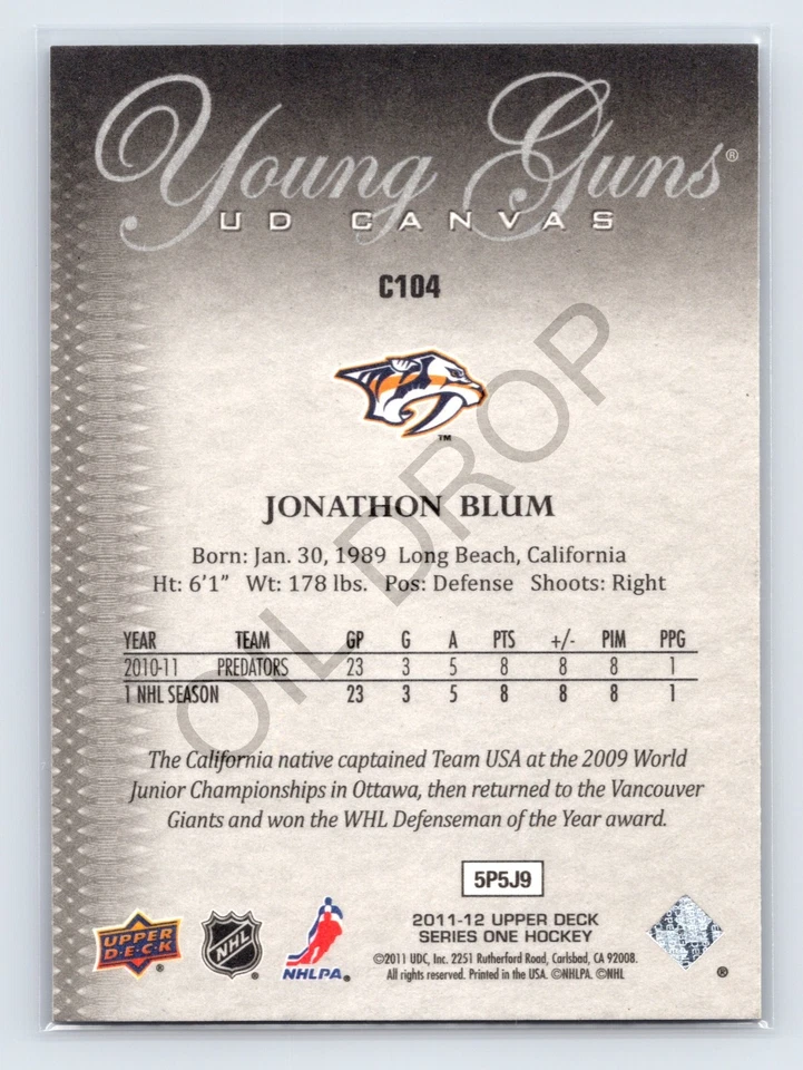 2011-12 Upper Deck Series 1 UD Canvas Young Guns #C104 Jonathon Blum Rookie RC - Image 2 of 2